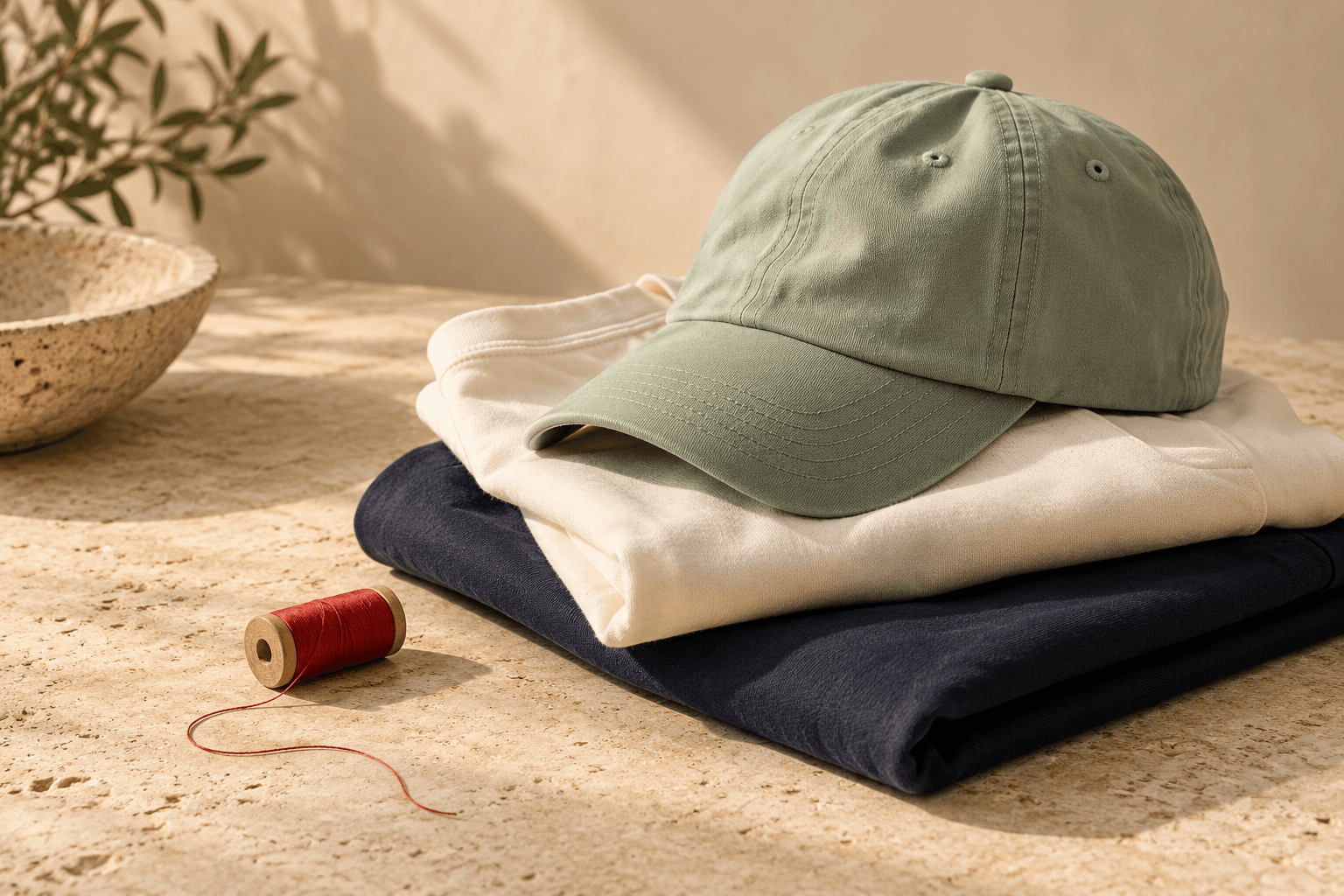 Mint cap and folded ivory and navy clothing on a warm stone table