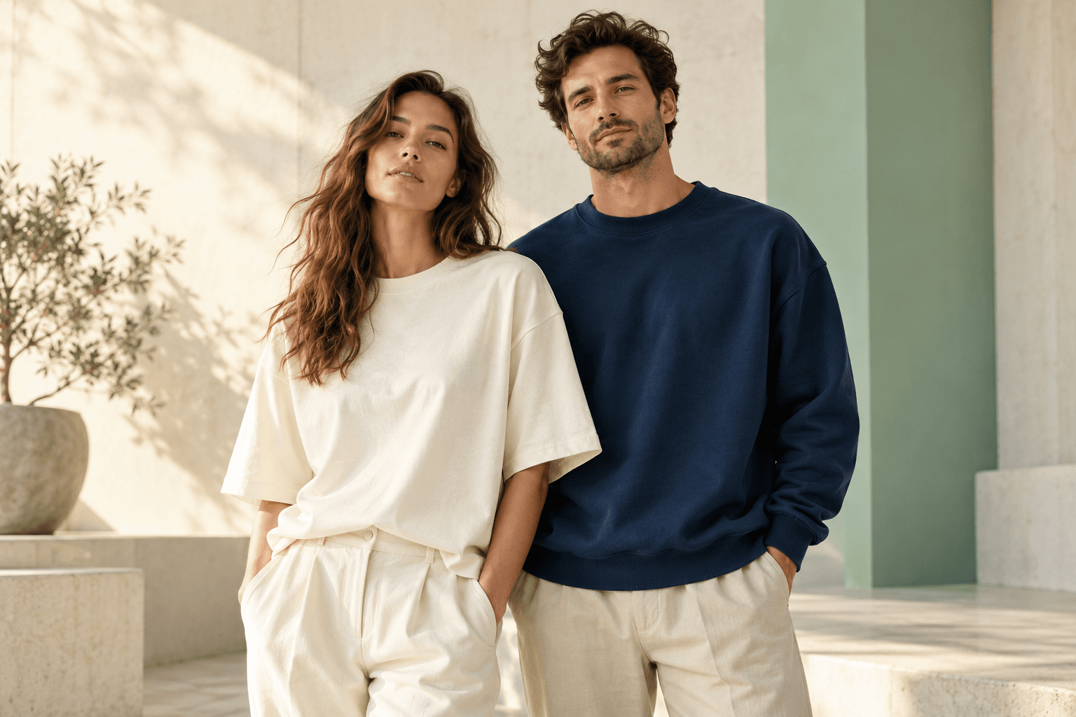 Editorial campaign showing cream and navy casual clothing